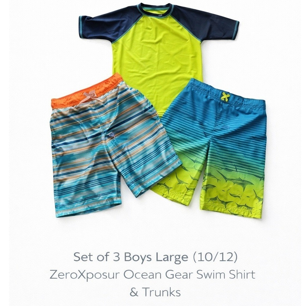 Boys ZeroXposur Ocean Swim Set 3pc Rash Guard Trunks Neon Shark Blue 10/12 L